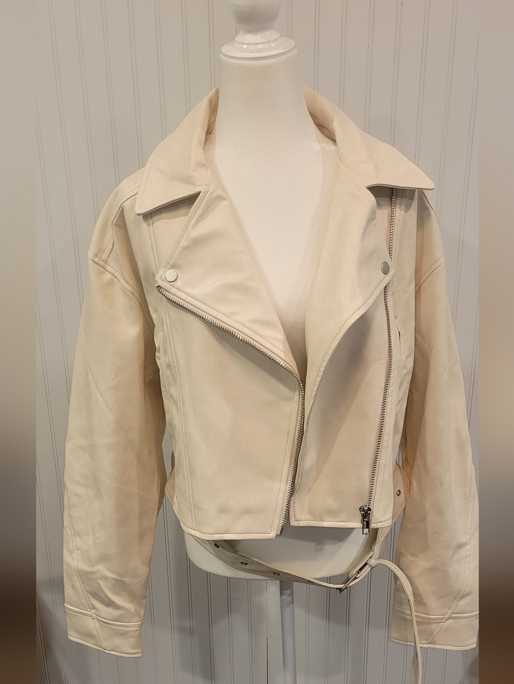 Lulu's XL Cream Asymmetric Moto Jacket With Silver Hardware